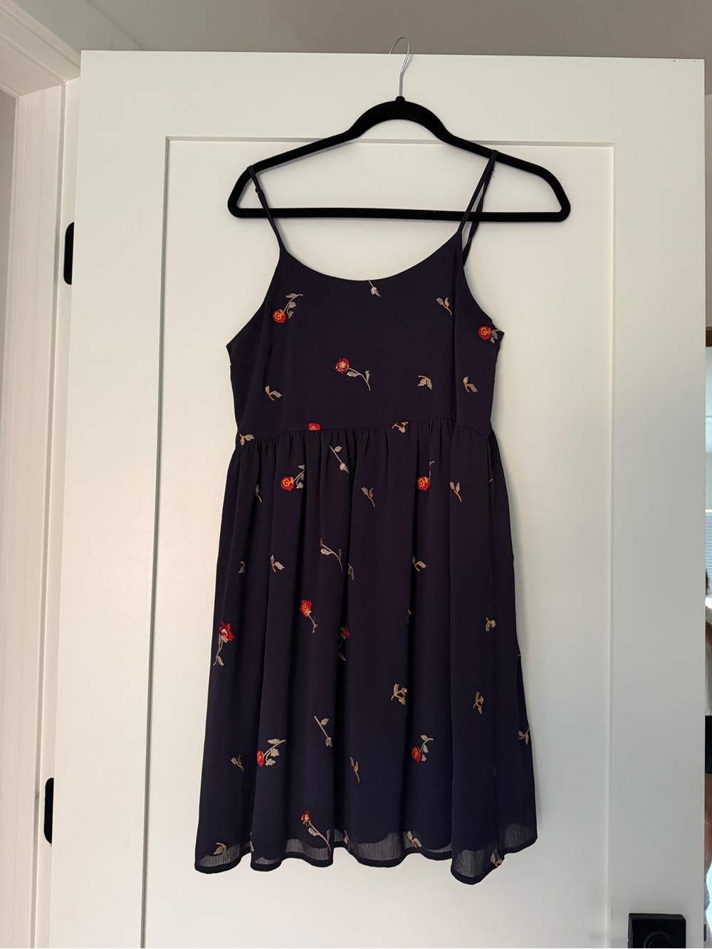 Madewell Navy Spaghetti-Strap Dress with Subtle Floral Trim